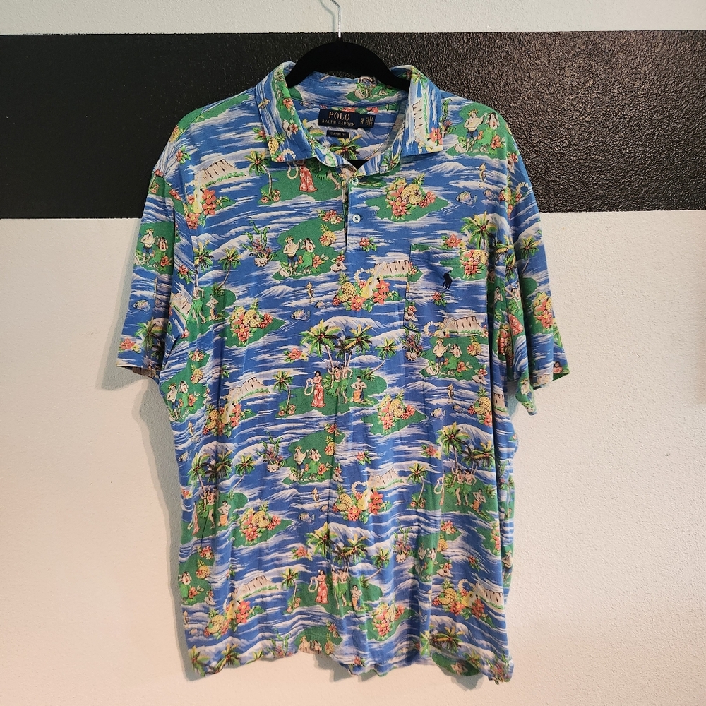 Polo by Ralph Lauren Men's Green and Blue Tropical Polo Shirt Size XL